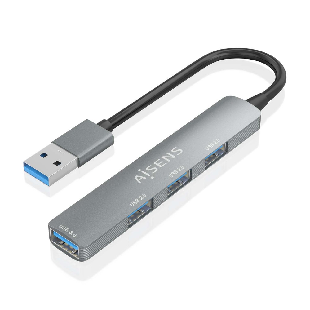 AISENS HUB USB 3.0 Aluminio, 1xUSB3.0 AH+3xUSB2.0 AH, Gris, 10cm