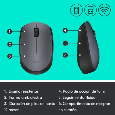 Logitech M170 Grey-K ratón Oficina Ambidextro RF inalámbrico Óptico 1000 DPI