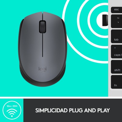 Logitech M170 Grey-K ratón Oficina Ambidextro RF inalámbrico Óptico 1000 DPI