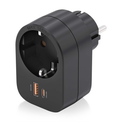 AISENS Regleta De Pared Multifuncion Con 1 Toma + 1xUSB-C 20W PD3.0, 1xUSB-A 20W QC3.0, Negro