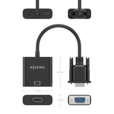 AISENS Cable conversor SVGA+Audio a HDMI, SVGAM+Jack 3.5H+USB MicroBH-HDMI AH, Negro, 20cm