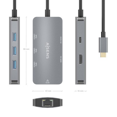 AISENS USB-C Dock 6 En 1, USB-C a 1xHDMI, 1xRJ45, 3xUSB-A, 1xUSB-C PD, Gris, 15cm