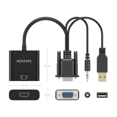 AISENS Cable conversor SVGA+Audio a HDMI, SVGAM+Jack 3.5M+USB-AM-HDMI AH, Negro, 20cm
