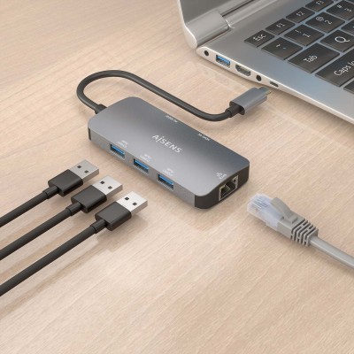 AISENS USB-C Dock 6 En 1, USB-C a 1xHDMI, 1xRJ45, 3xUSB-A, 1xUSB-C PD, Gris, 15cm