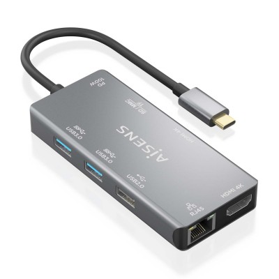 AISENS USB-C Dock 9 En 1, USB-C a 2xHDMI, 1xRJ45, 2xUSB-A USB3.0, 1xUSB-A USB2.0, 1xUSB-C PD, 1xSD, 1xMicro SD, Gris, 15cm