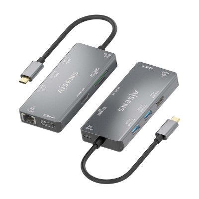 AISENS USB-C Dock 9 En 1, USB-C a 2xHDMI, 1xRJ45, 2xUSB-A USB3.0, 1xUSB-A USB2.0, 1xUSB-C PD, 1xSD, 1xMicro SD, Gris, 15cm
