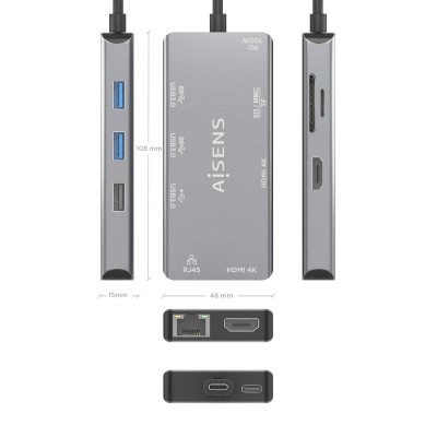 AISENS USB-C Dock 9 En 1, USB-C a 2xHDMI, 1xRJ45, 2xUSB-A USB3.0, 1xUSB-A USB2.0, 1xUSB-C PD, 1xSD, 1xMicro SD, Gris, 15cm