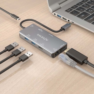 AISENS USB-C Dock 9 En 1, USB-C a 2xHDMI, 1xRJ45, 2xUSB-A USB3.0, 1xUSB-A USB2.0, 1xUSB-C PD, 1xSD, 1xMicro SD, Gris, 15cm