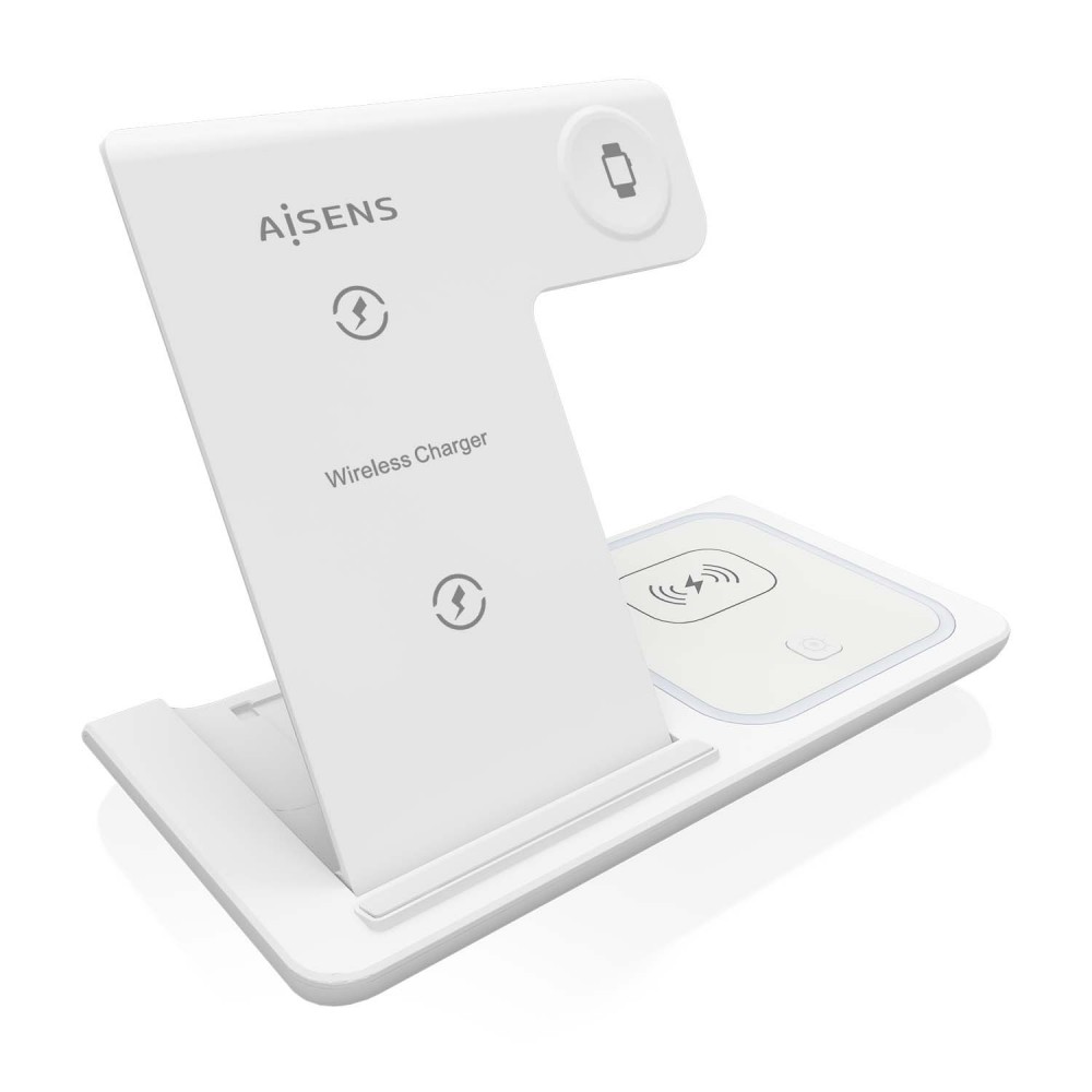 AISENS Cargador Inalambrico USB-C 3 En 1 De 15W Para Movil, Apple Watch, Ariculares Con Estuche De Carga, Blanco