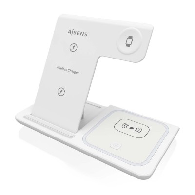 AISENS Cargador Inalambrico USB-C 3 En 1 De 15W Para Movil, Apple Watch, Ariculares Con Estuche De Carga, Blanco