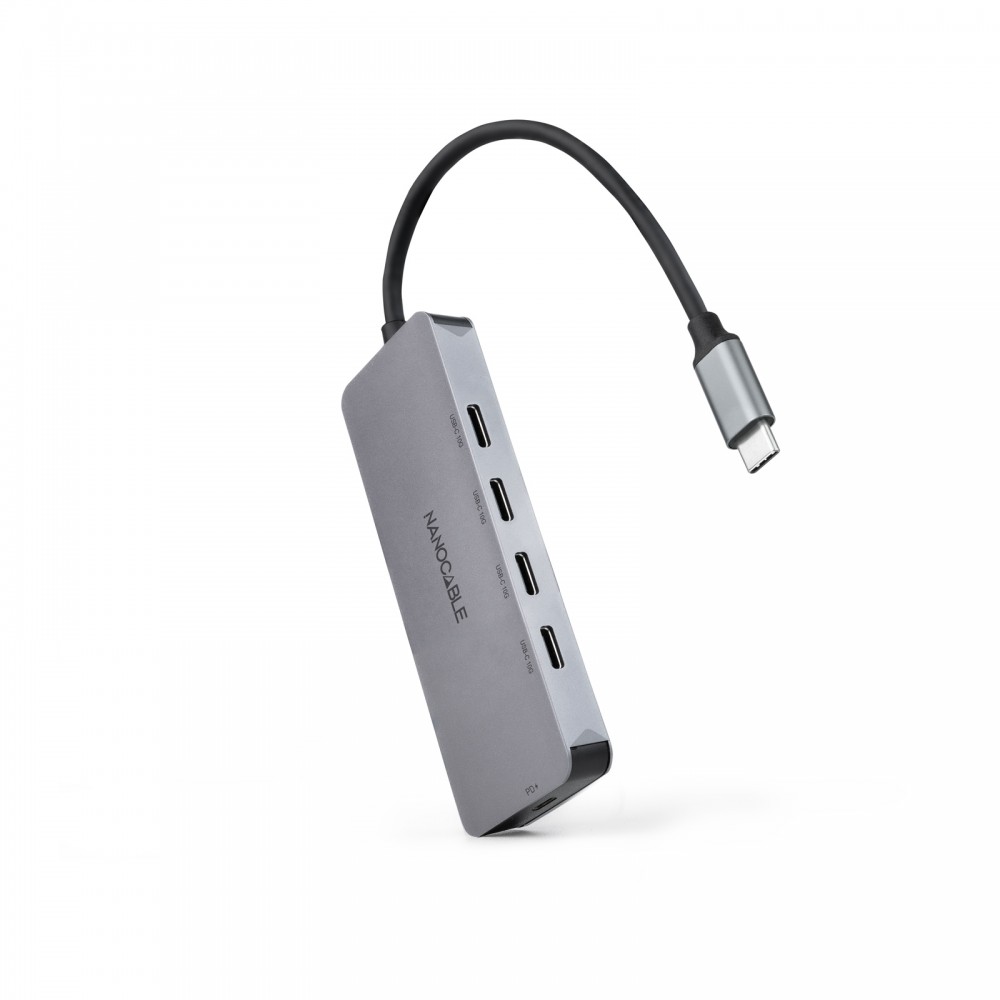 Nanocable Hub USB-C macho a 4 x USB-C hembra + USB-C PD 100W, Aluminio 10 cm, Gris