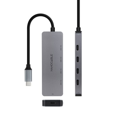 Nanocable Hub USB-C macho a 4 x USB-C hembra + USB-C PD 100W, Aluminio 10 cm, Gris
