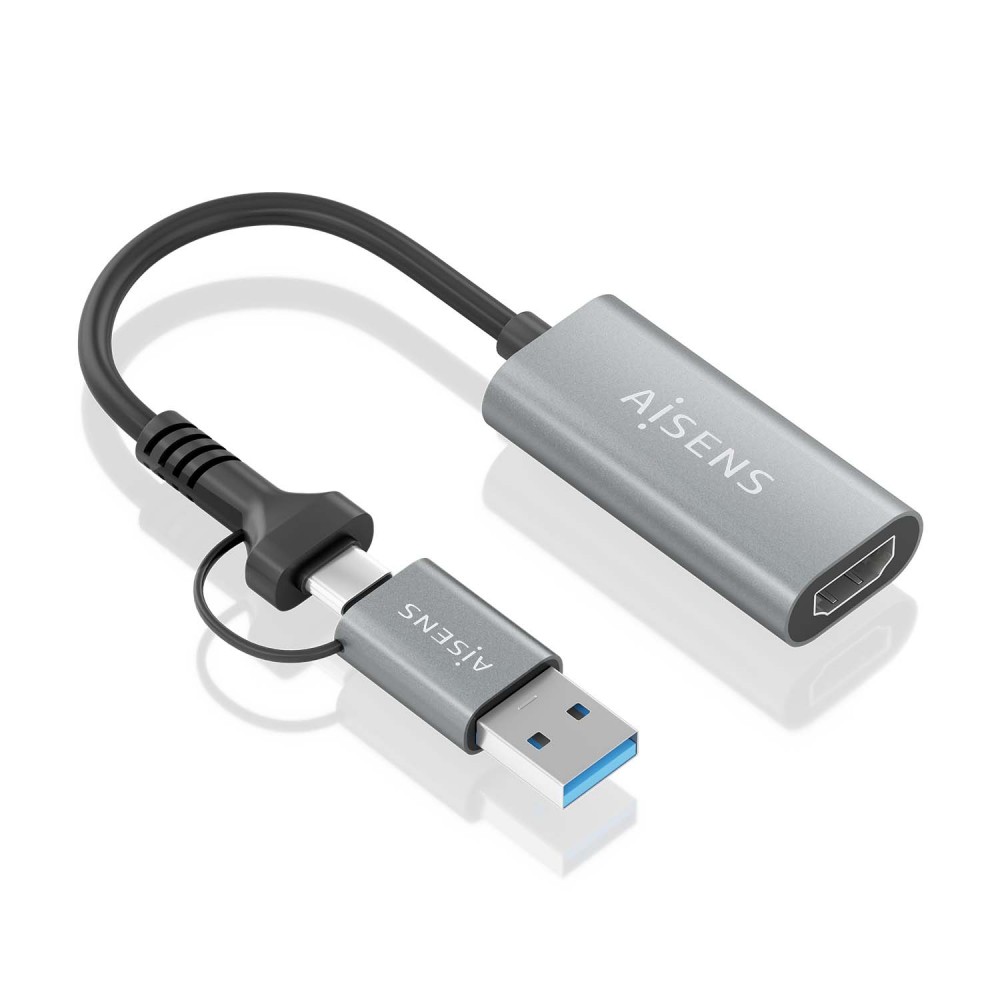 AISENS Conversor Aluminio USB-A+USB-C A HDMI 1080P@60Hz, USB-AM+USB-CM-HDMIH, Gris, 15cm
