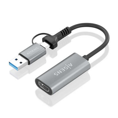 AISENS Conversor Aluminio USB-A+USB-C A HDMI 1080P@60Hz, USB-AM+USB-CM-HDMIH, Gris, 15cm