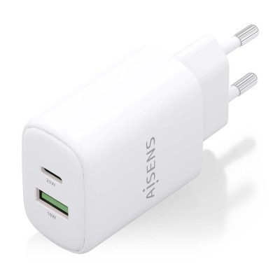AISENS Cargador GaN 20W, 1xUSB-C PD3.0, 1xUSB-A QC3.0, Blanco