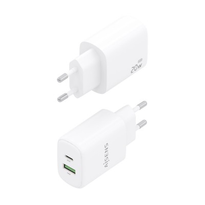 AISENS Cargador GaN 20W, 1xUSB-C PD3.0, 1xUSB-A QC3.0, Blanco