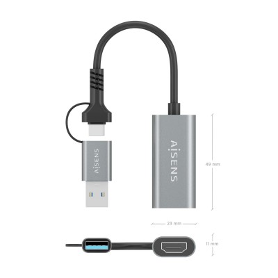 AISENS Conversor Aluminio USB-A+USB-C A HDMI 1080P@60Hz, USB-AM+USB-CM-HDMIH, Gris, 15cm