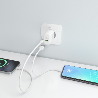 AISENS Cargador GaN 20W, 1xUSB-C PD3.0, 1xUSB-A QC3.0, Blanco