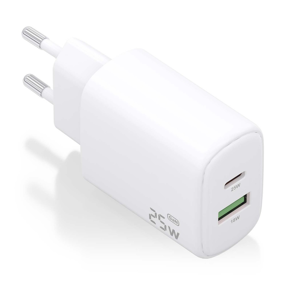 AISENS Cargador GaN 25W, 1xUSB-C PD3.0, 1xUSB-A QC3.0, Blanco