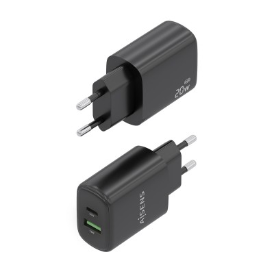 AISENS Cargador GaN 20W, 1xUSB-C PD3.0, 1xUSB-A QC3.0, Negro