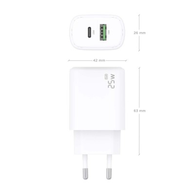 AISENS Cargador GaN 25W, 1xUSB-C PD3.0, 1xUSB-A QC3.0, Blanco