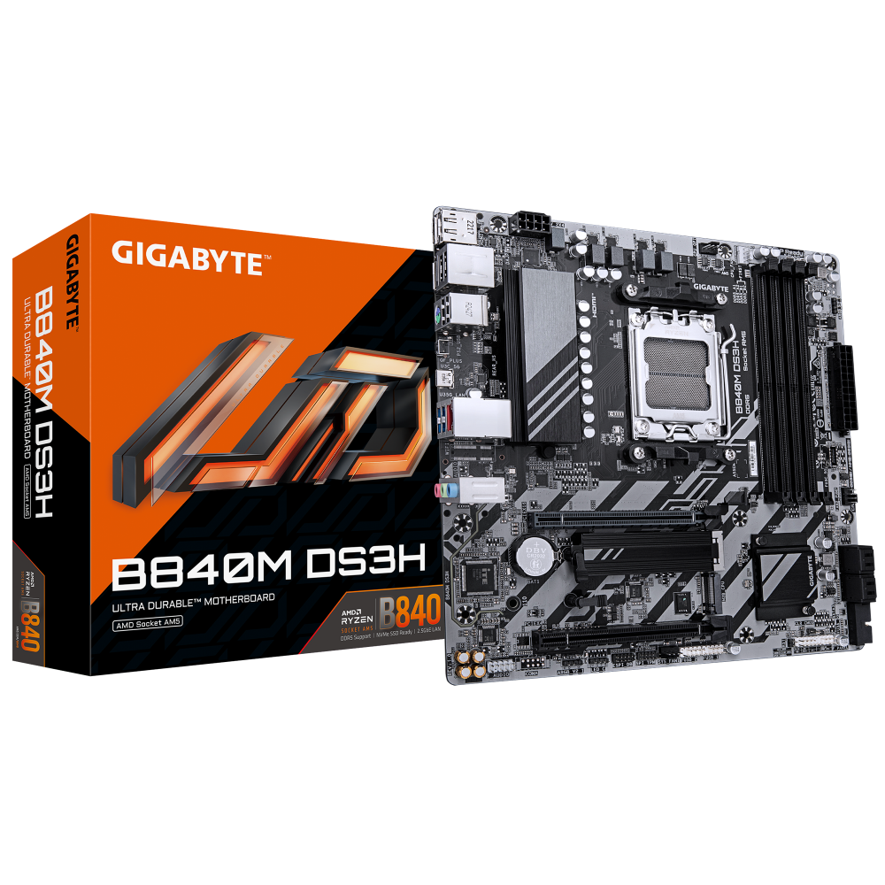 GIGABYTE B840M DS3H Placa base - Procesadores AMD Ryzen 9000, VRM de 8+2+2 fases, hasta 8200 MHz DDR5, 2xPCIe 4.0 M.2, LAN 2.5G