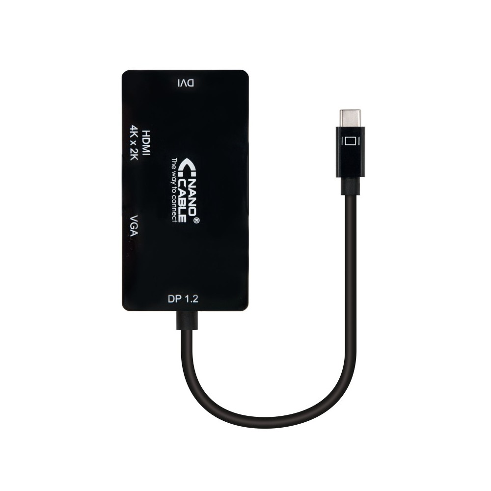 Nanocable Conversor USB-C a VGA  DVI  HВЬШ, 3 En 1. USB-CM-VGAH-DVIH-HDMIH 4K, Negro, 10 cm