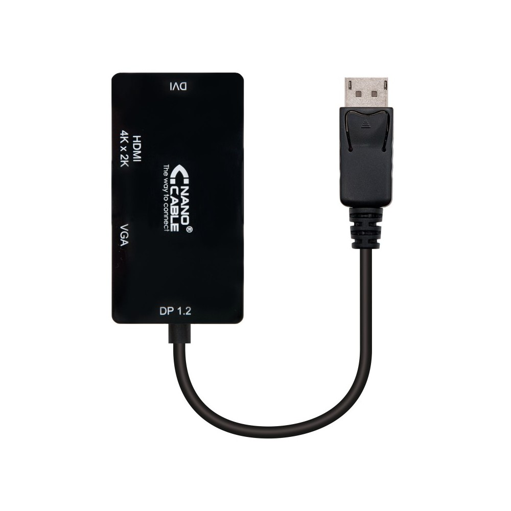 Nanocable Conversor Displayport a VGA  HDMI, 3 en 1, DP 1.2M-VGAH-HDMIH 4K, Negro, 15 cm